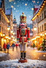 Festive nutcracker figurine in snowy winter street	