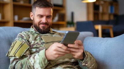 A bearded soldier in camouflage uniform sits comfortably on a couch, browsing his smartphone in the warmth of a modern living room, suggesting relaxation.