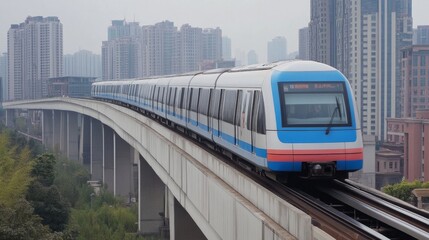 Naklejka premium Modern Metro Train on Elevated Track in City