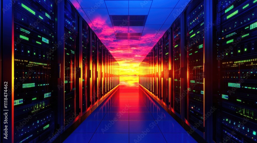 Poster a vibrant view of a data center with colorful lights illuminating servers in a futuristic environmen