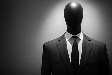 A headless mannequin in a dark suit and tie, dramatically lit against a dark background.