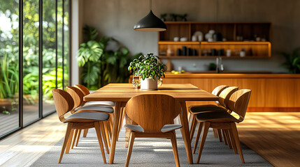Fototapeta premium Interior Design of Contemporary Dining Room with Wooden Chairs