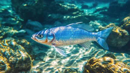 Naklejka premium Underwater image of a vibrant fish swimming among rocks.
