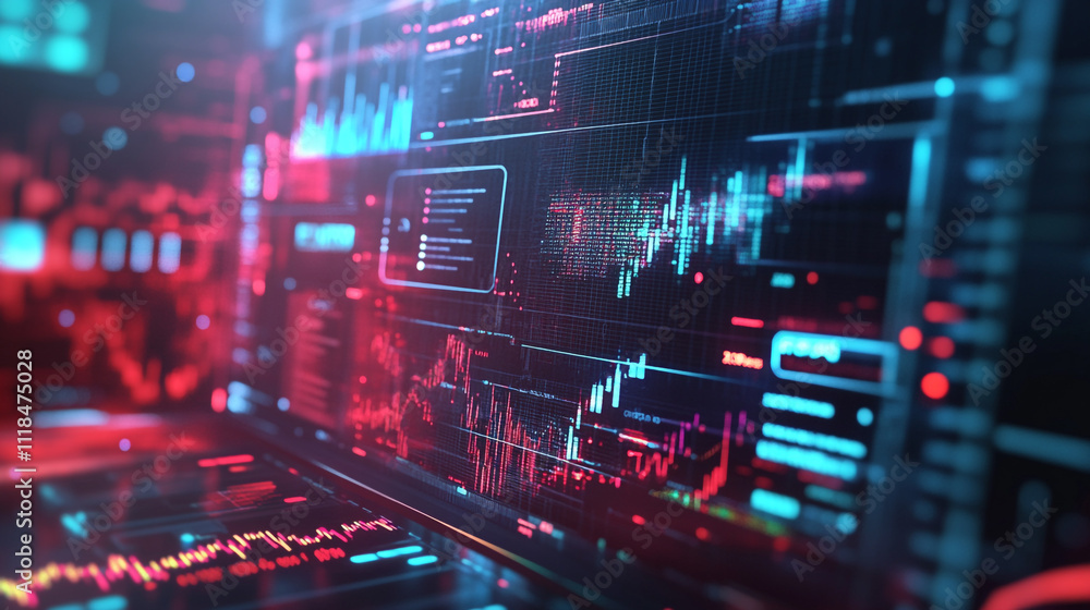 Poster abstract futuristic 3d interface showing a digital projection of a stock market analysis, vibrant wo