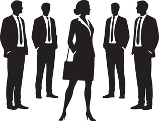 Group of business people walking front view vector silhouette.