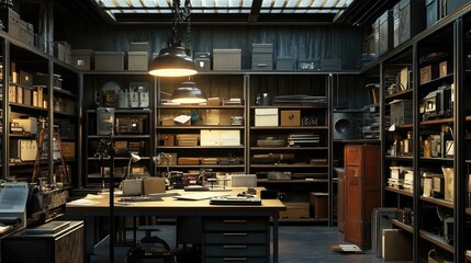 Industrial workspace with metal shelving and vintage lighting