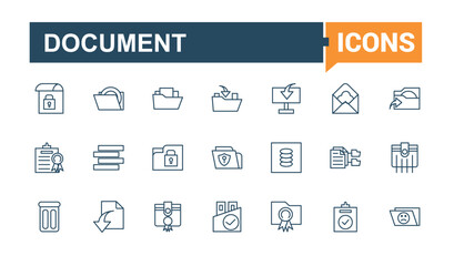Document And Files vector line icon set. Contains such icons as research, folder, tech, attach, page, document, format. Outline symbol collection. Vector outline icons collection.