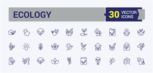 Ecology line icons set. Containing nature, organic, energy, natural, green power, renewable, wind power. Simple icon designs. Editable vector stroke.