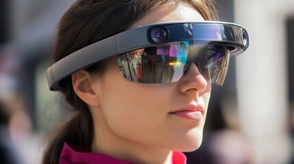 Naklejka premium Woman Wearing Futuristic AR Glasses