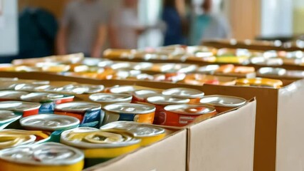 Volunteers working in community center. Many cardboard boxes with donated food, hygiene products, essential goods. Grocery donation, food bank, help to poor families, homeless people, disaster victims - Powered by Adobe
