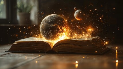 an open book with a planet on top of it