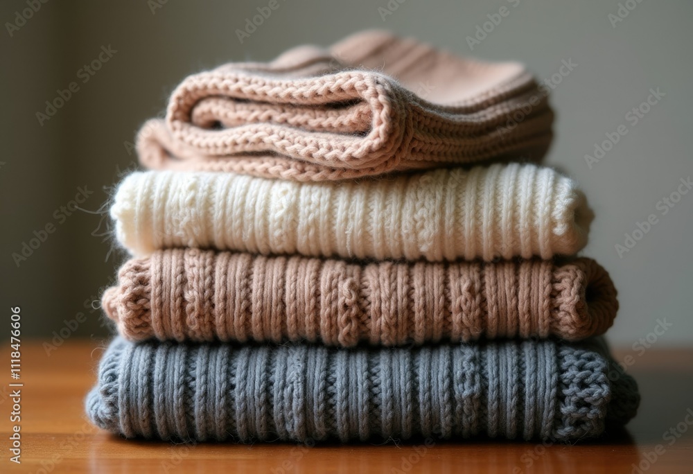 Poster a stack of four knitted sweaters in different colors.