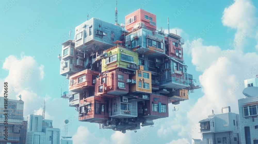 Poster a 3d voxel art design of a floating cyberpunk cube city