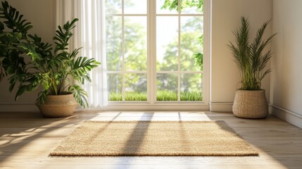 Naklejka premium Sunlit room with plants and rug.