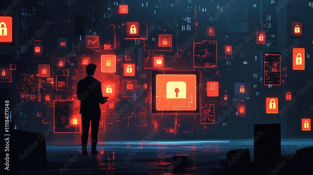 Poster a businessman protecting personal data with cybersecurity icons like locks and shields displayed on 