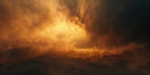 Fototapeta premium Empty Dark Stage with Orange Mist Fog Smoke - Platform Showcasing Artistic Work Product