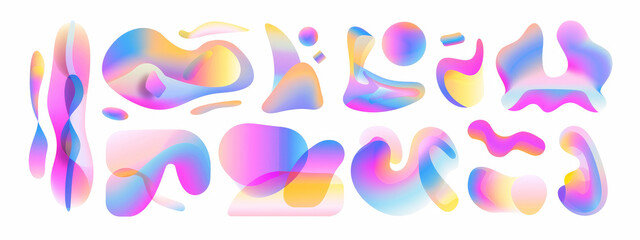 Abstract Organic shape, amoeba freeform om white background. Set of irregular liquid gradient blot form graphic elements.