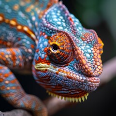Fototapeta premium beautiful chameleon, Close up of Vibrant Chameleon with Intense Gaze in Lush Green Setting, A Close-Up of a Vibrant Chameleon. 