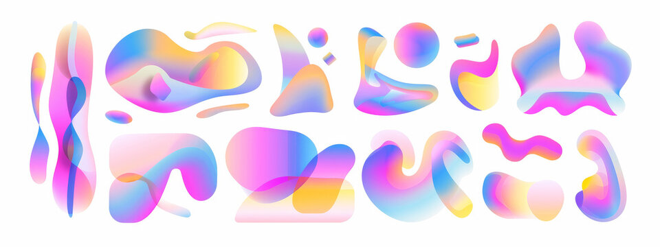 Abstract Organic shape, amoeba freeform om white background. Set of irregular liquid gradient blot form graphic elements.