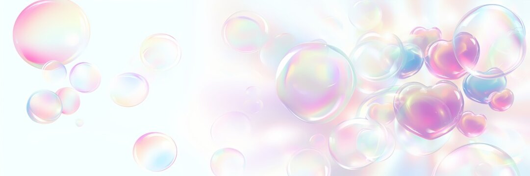 Heart shape 3d soap or glass bubbles. Realistic transparent pink, rainbow soap foam shaped as heart. Romantic glossy soapy hearts background. - Powered by Adobe