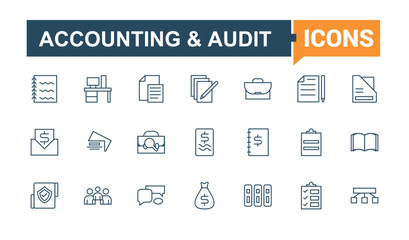 Set of Accounting and Audit line icons. Containing research, illustration, revenue, company, risk, bank and more. Simple line vector. Vector icons editable stroke.
