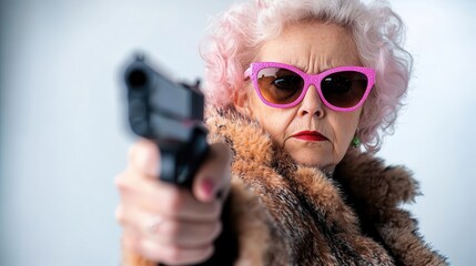 An elderly woman with pink hair and glamorous sunglasses points a handgun with confidence, creating a dramatic contrast between fierce determination and age.
