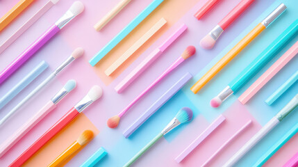 Colorful and Artistic Arrangement of Makeup Brushes on a Soft Pastel Background for Beauty and Cosmetic Themes