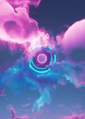 Abstract neon light portal, neon round linear frame in clouds or smoke. 3d render style glowing ring with magic fog.