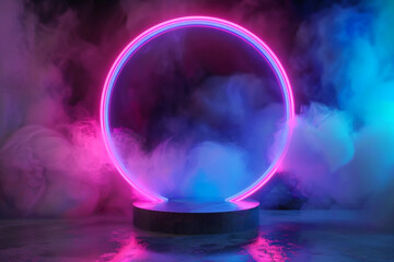 Abstract neon light podium with round linear neon frame. Circle stage with smoke and reflection on rough concrete wet floor. 3d render style glowing ring podium with magic fog.