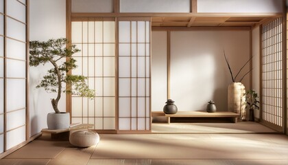 Fototapeta premium Elegant and minimalistic Japanese interior design; zen and calm interior design; a combination of minimalistic and traditional Japanese design; interior design; minimalism; architect and architecture