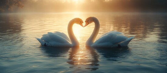 Fototapeta premium Two swans forming a heart shape on a calm lake at sunrise.