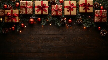A wooden background with presents and christmas decorations