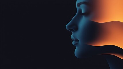 Serene female face profile, cool blue and warm orange hues. Abstract art.