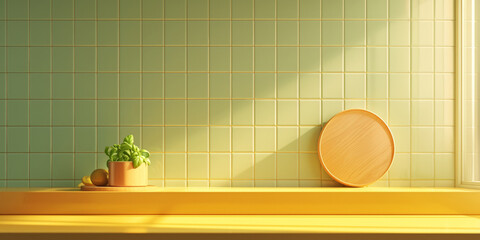 Bright kitchen with a turquoise tiled wall, wooden counter and podium for displaying products. Ideal background for a cozy and welcoming kitchen scene