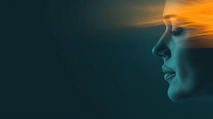 Serene female face profile, teal and orange hues, eyes closed, peaceful expression.