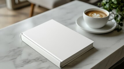 White book mockup next to coffee cup on marble table.