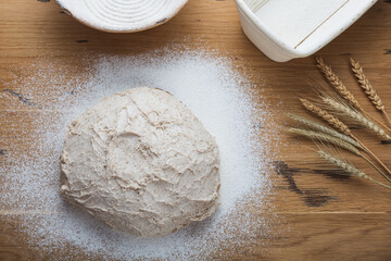 The process of dough formation before proofing. Whole grain dough is made on sourdough