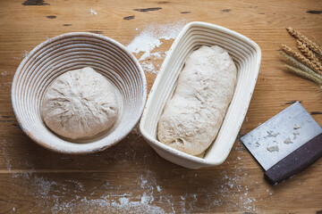 The process of dough formation before proofing. Whole grain dough is made on sourdough