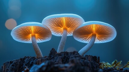Three glowing mushrooms on a tree stump in a mystical forest setting.
