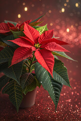 Obraz premium Red poinsettia flowers with festive bokeh lighting