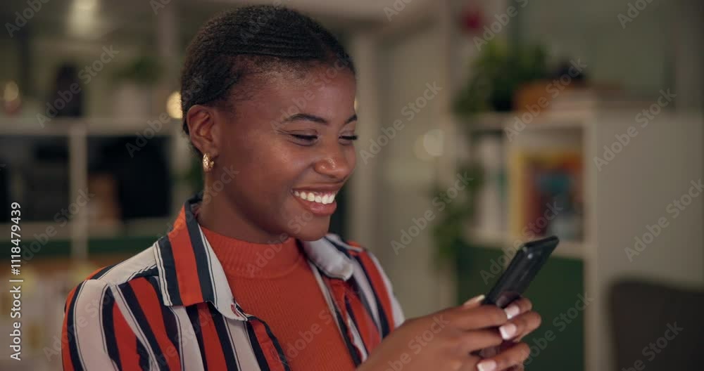 Poster business woman, phone and texting at night in office with notification and smile from web scroll. st