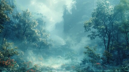 Fototapeta premium A forest with a foggy sky and trees