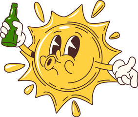 Cartoon groovy sun character with drink bottle and funny face, vector emoji. Groovy sun with beer or lemonade bottle, happy whistling in good vibe for holiday travel and summer leisure retro character