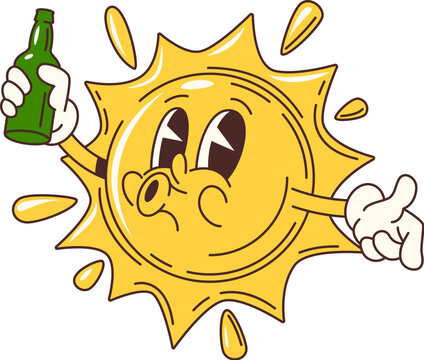 Cartoon groovy sun character with drink bottle and funny face, vector emoji. Groovy sun with beer or lemonade bottle, happy whistling in good vibe for holiday travel and summer leisure retro character