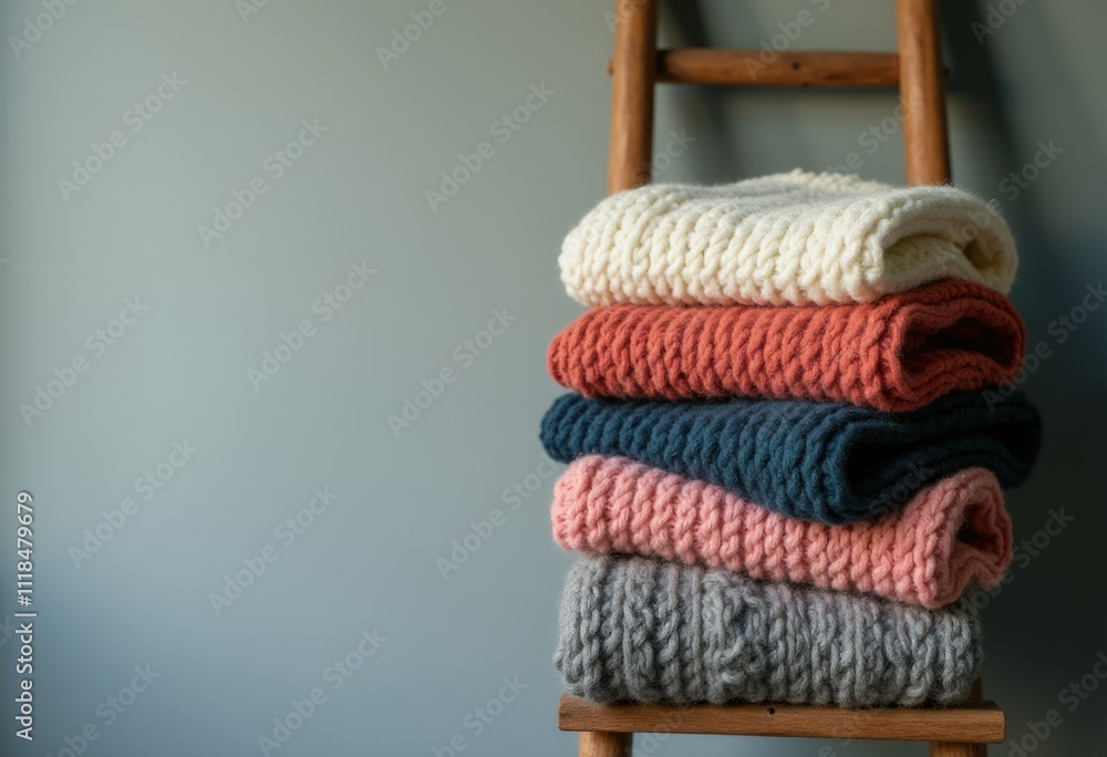 Poster a stack of four knitted sweaters in different colors, cozy and comfortable.