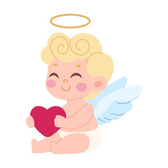 A baby angel holding a red heart. The angel is smiling and has wings. The baby is wearing a diaper