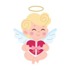 A cartoon angel holding a red heart with a bow. The angel is smiling