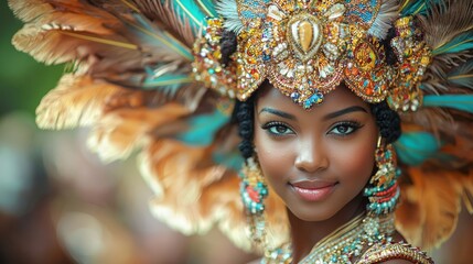 A woman in a colorful costume with feathers on her head