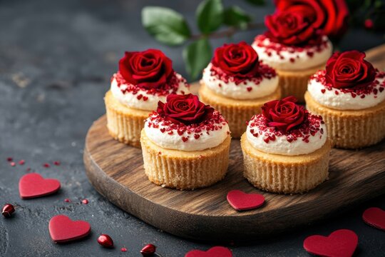 valentines day dessert display, valentines day mini cheesecakes displayed on a wooden board in a heart-filled kitchen, perfect for a cozy celebration