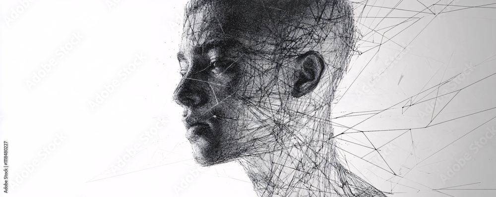 Poster Man connecting with digital network data flowing through head